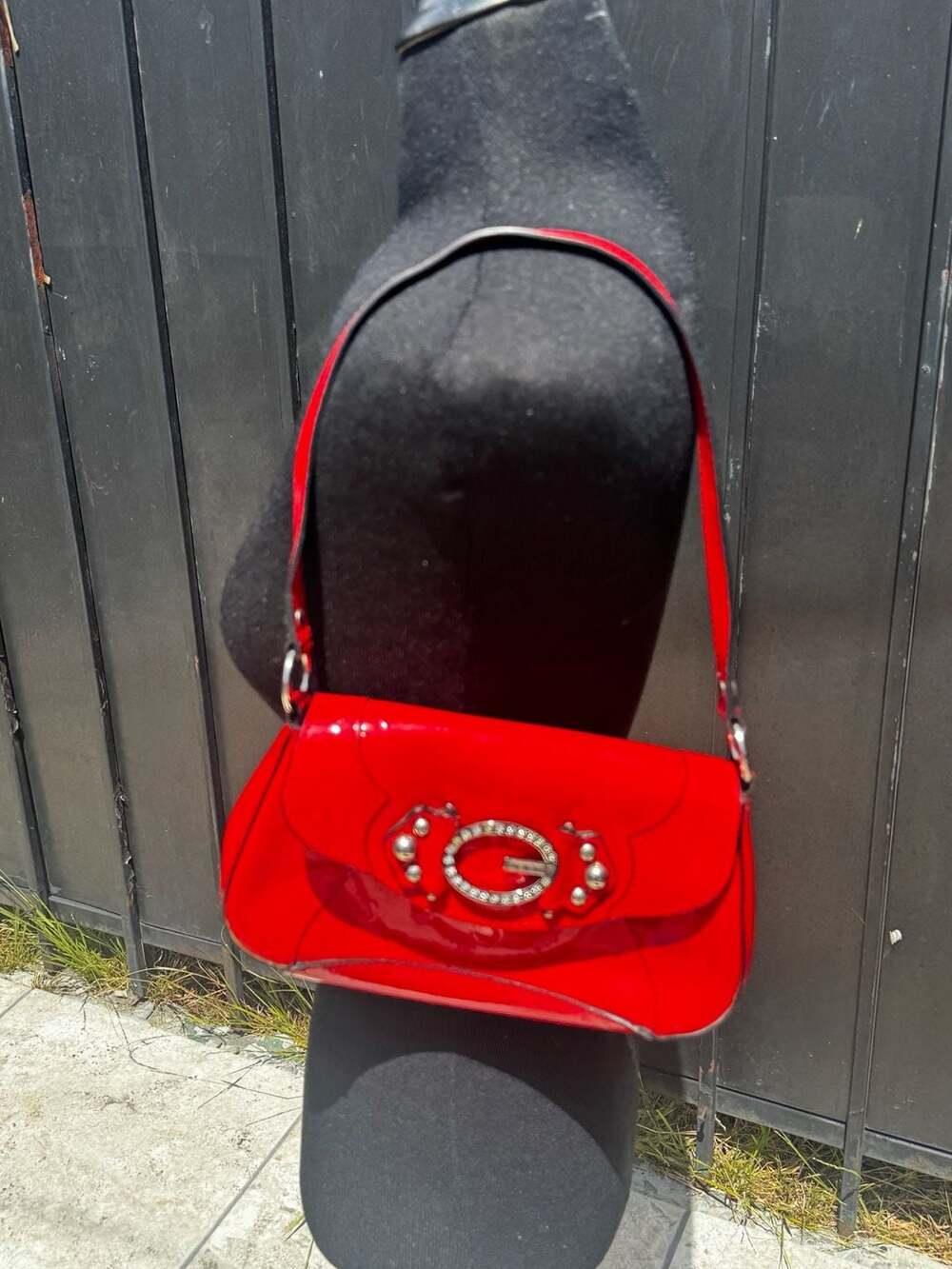 Guess Red Patent Leather Shoulder Bag with Rhinestone Logo Hardware